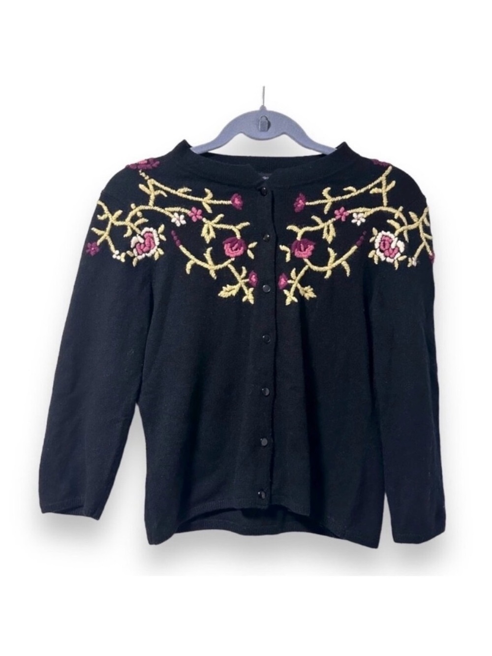 Vintage Black Floral Embroidered Angora Blend Cardigan Size Medium P Cottagecore
